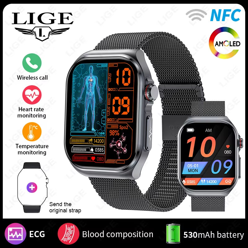 AMOLED Smart Watch ET585 Men ECG Blood Compositoin Health Monitoring Bluetooth Call Women Sports Fitness Tracker Smartwatch