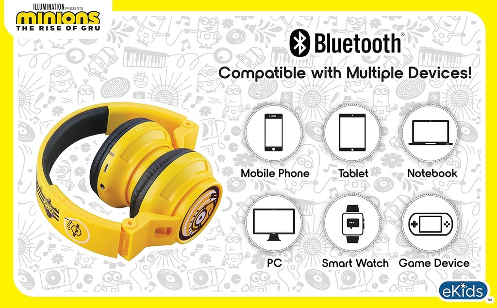 Minions Kids Bluetooth Wireless Headphones with Microphone, Includes Aux Cord, Volume Reduced, Foldable, Yellow, over Ear, Unisex, 3.5Mm Jack, 18H Playtime, 1 Year Warranty