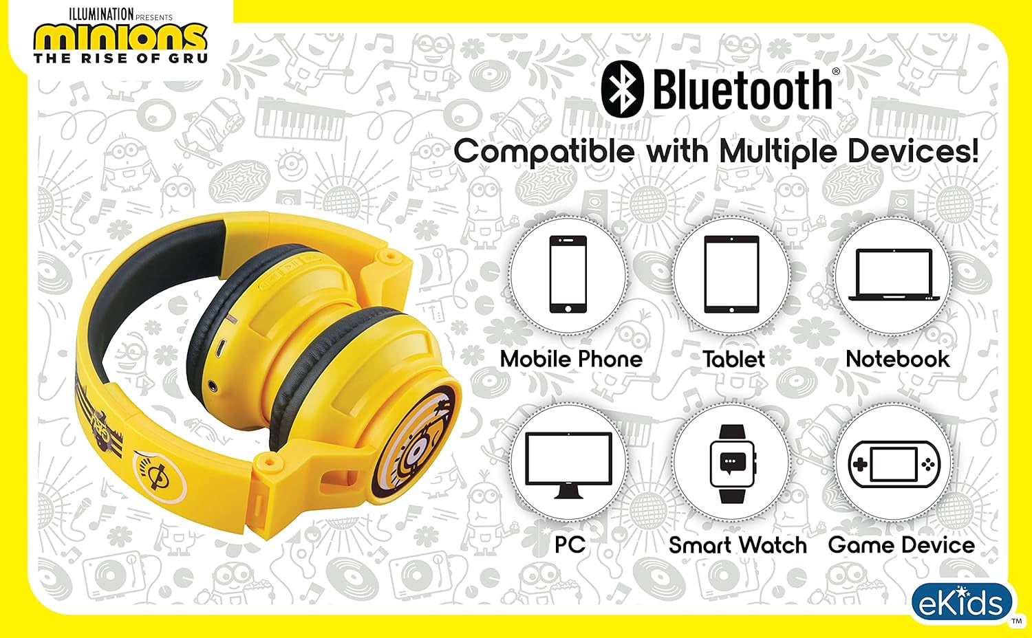 Minions Kids Bluetooth Wireless Headphones with Microphone, Includes Aux Cord, Volume Reduced, Foldable, Yellow, over Ear, Unisex, 3.5Mm Jack, 18H Playtime, 1 Year Warranty