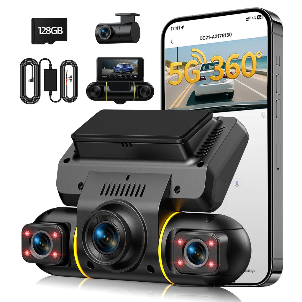 4 Channel Dash Cam Front and Rear inside with Hardwire Kit for 24H Security Parking Monitor, 1080P FHD 360 Degree View 5G Wifi Dash Camera, IR Night Vision Dashcam, G-Sensor, Free 128GB Card