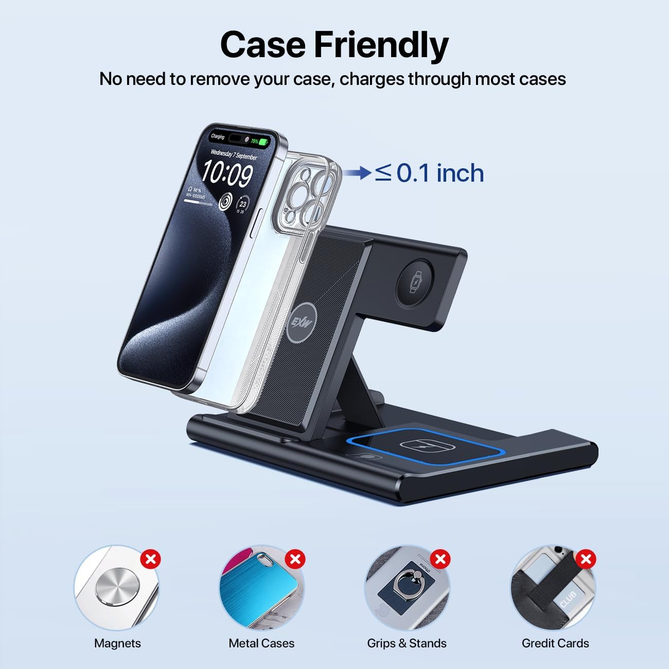 Wireless Charging Station, 3 in 1 Foldable Wireless Charger Stand for Iphone 15/14/13/12/11 Series/Xr/X/Xs/8, Airpods 3/2/Pro, Apple Watch(Black)