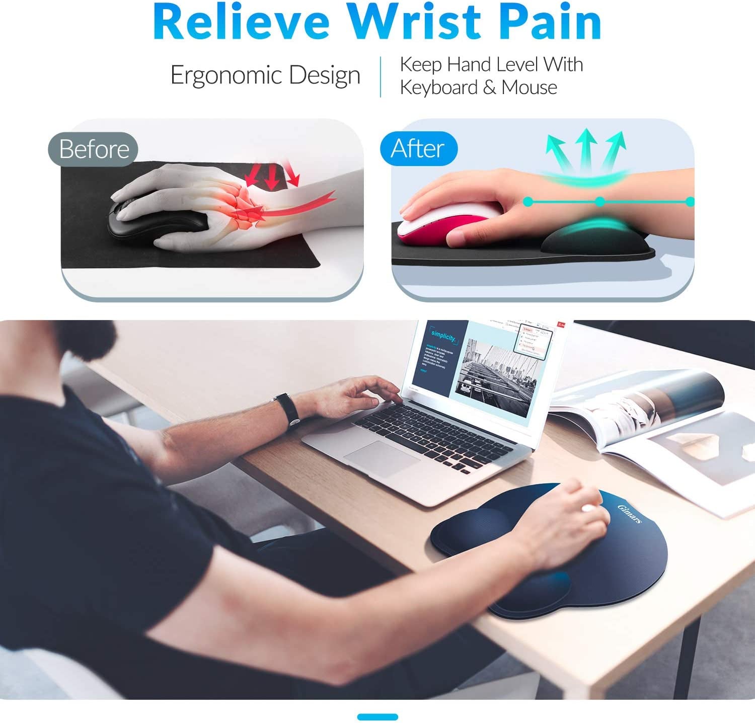 Mouse Pad Wrist Support [2 Pack], Upgrade Smooth Superfine Fibre Memory round Foam Ergonomic Mousepad with Nonslip Base for Laptop, Computer, Gaming, Office