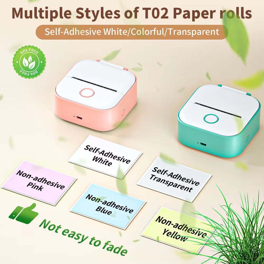 Imprimante portable Phomemo T02 – mini imprimante thermique sans encre Bluetooth pour étiquettes autocollantes et stickers