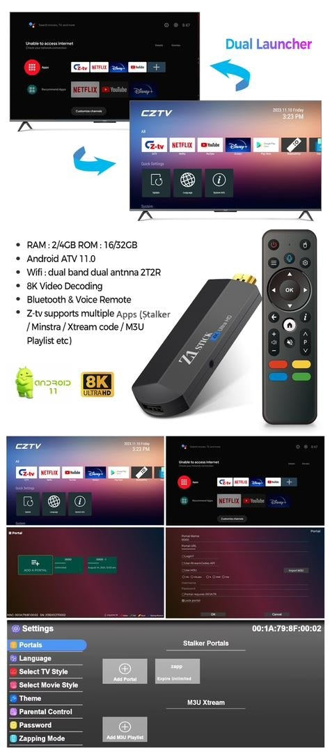 Android TV Stick 4K Z1 avec télécommande vocale et Wi-Fi bi-bande