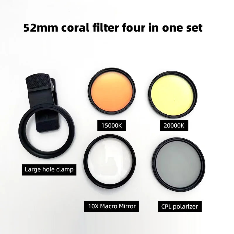 52Mm 4 in 1 Set Aquarium Lens Fish Tank Phone Yellow Filter for Reduce Yellow Light Coral Reef Aquarium Photography for Iphone