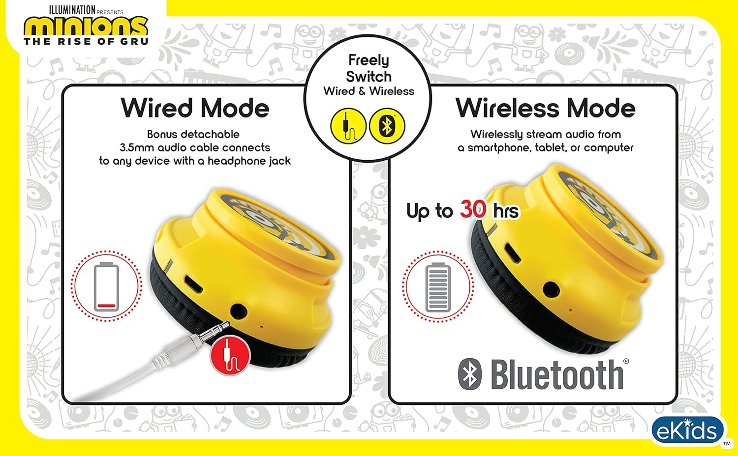 Minions Kids Bluetooth Wireless Headphones with Microphone, Includes Aux Cord, Volume Reduced, Foldable, Yellow, over Ear, Unisex, 3.5Mm Jack, 18H Playtime, 1 Year Warranty